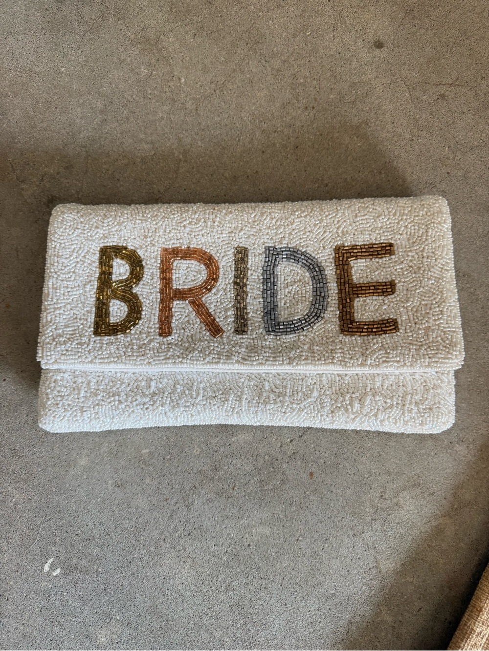 Beaded 'BRIDE' Clutch - White with Metallic Lettering